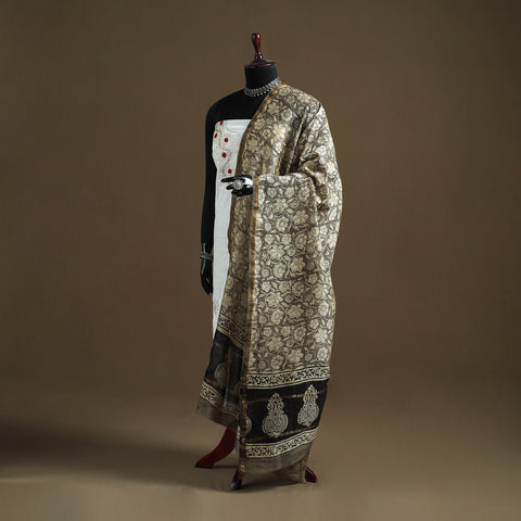 Brown - Sanganeri Hand Block Print Chanderi Silk Dupatta 75