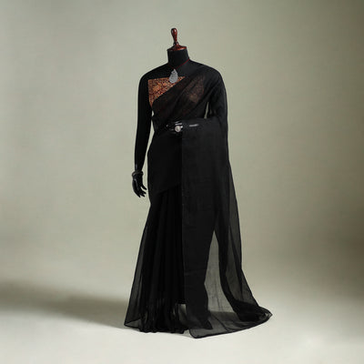 Black - Nazaakat Kota Doria Cotton Plain Saree with Blouse & Jewellery Set 10