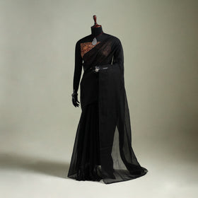 Black - Nazaakat Kota Doria Cotton Plain Saree with Blouse & Jewellery Set 10