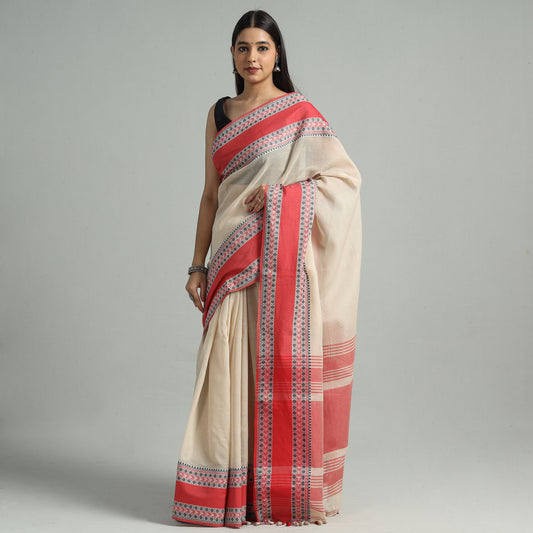 Beige - Bengal Woven Border Handloom Pure Cotton Saree 06