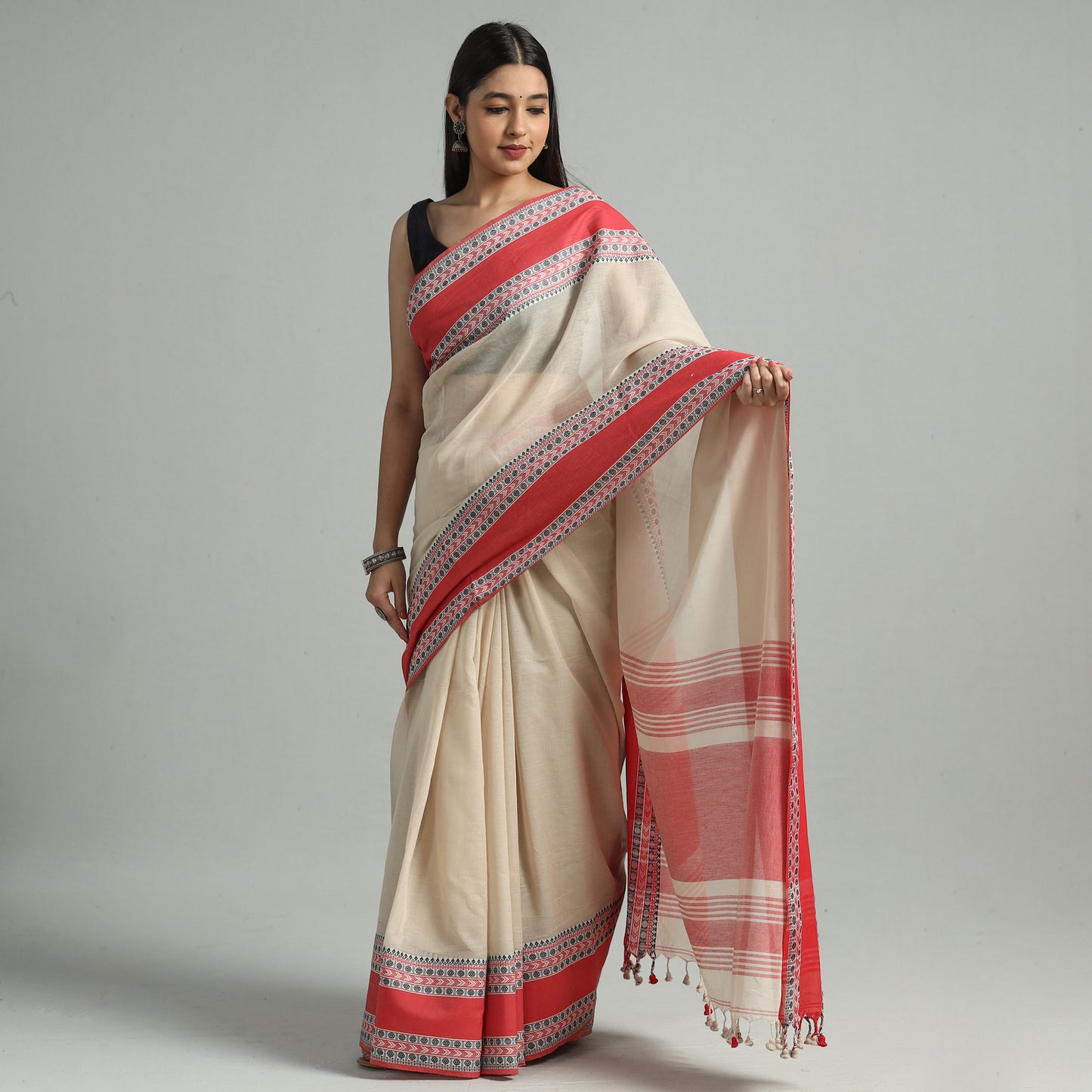 Beige - Bengal Woven Border Handloom Pure Cotton Saree 06