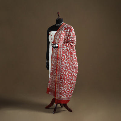 Red - Sanganeri Hand Block Print Chanderi Silk Dupatta 77