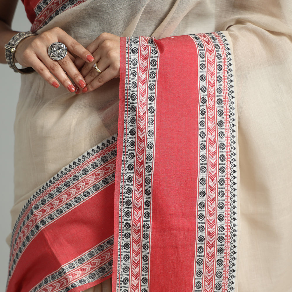 Beige - Bengal Woven Border Handloom Pure Cotton Saree 06