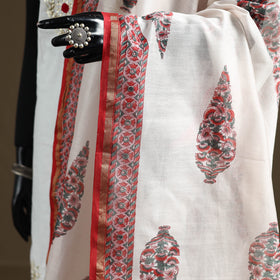 White - Sanganeri Hand Block Print Chanderi Silk Dupatta 79