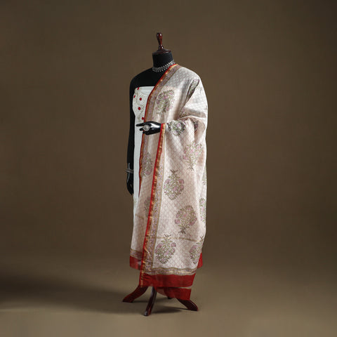 White - Sanganeri Hand Block Print Chanderi Silk Dupatta 78