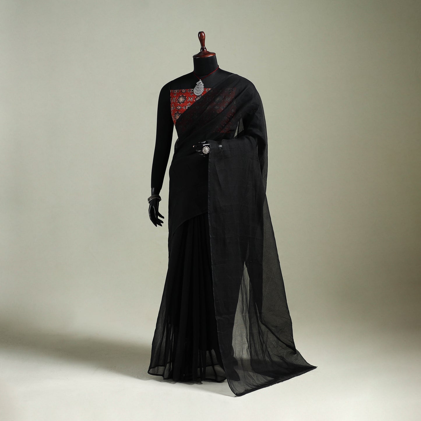 Black - Nazaakat Kota Doria Cotton Plain Saree with Blouse & Jewellery Set 12