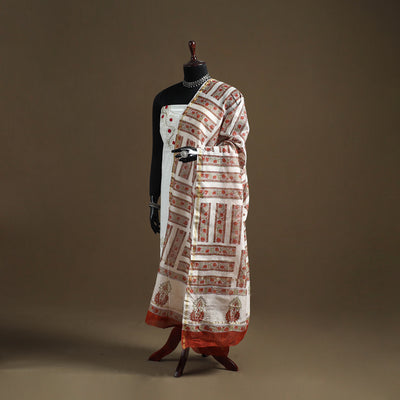 White - Sanganeri Hand Block Print Chanderi Silk Dupatta 80
