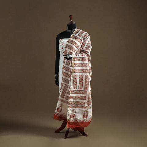 White - Sanganeri Hand Block Print Chanderi Silk Dupatta 80