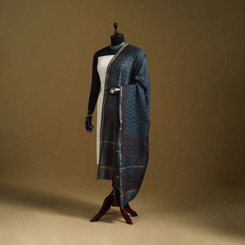 Blue - Natural Dyed Block Printed Chanderi Silk Bagh Dupatta 35