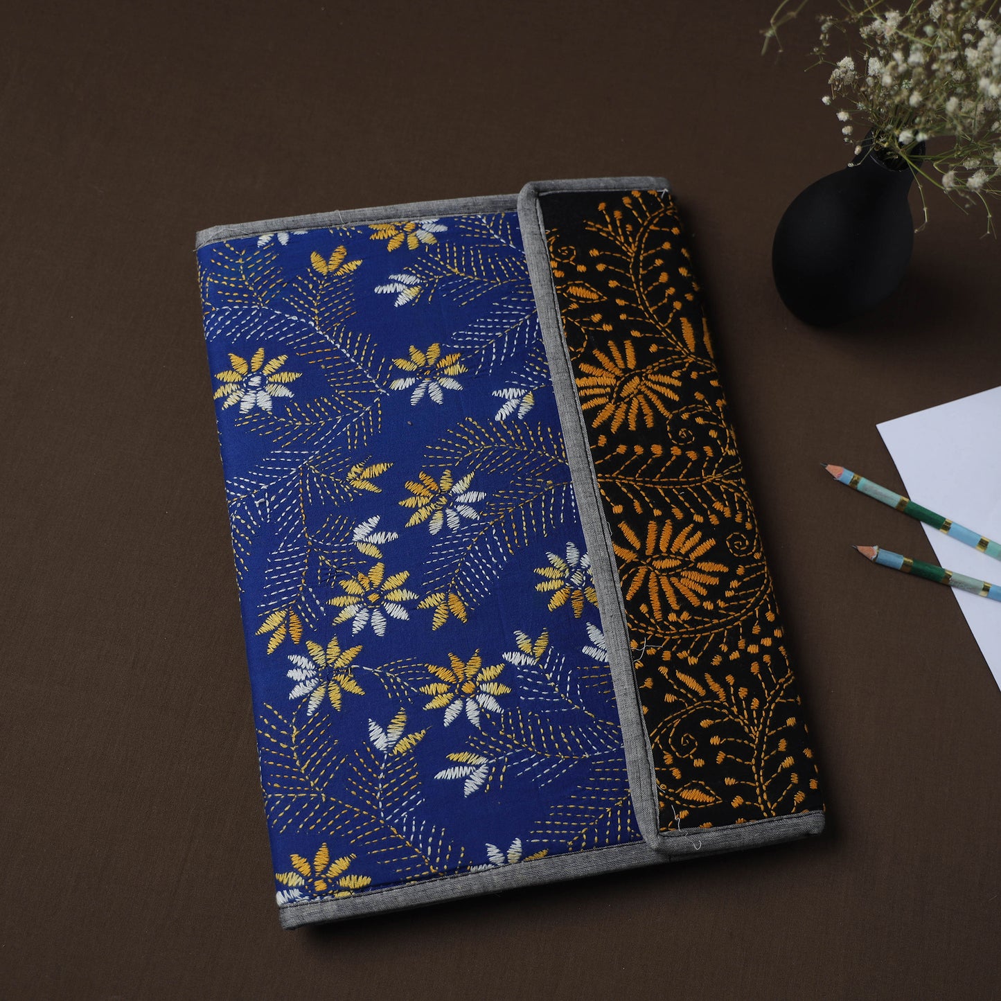 Blue Handcrafted Bengal Kantha Work File Folder