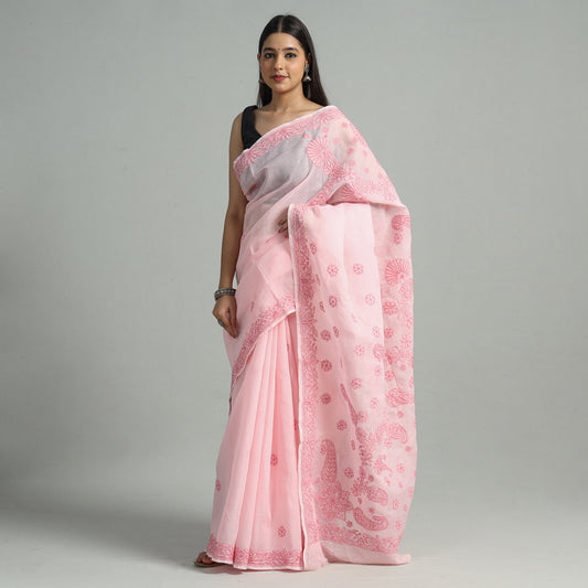 Pink - Lucknow Chikankari Embroidery Terivoile Cotton Saree 10