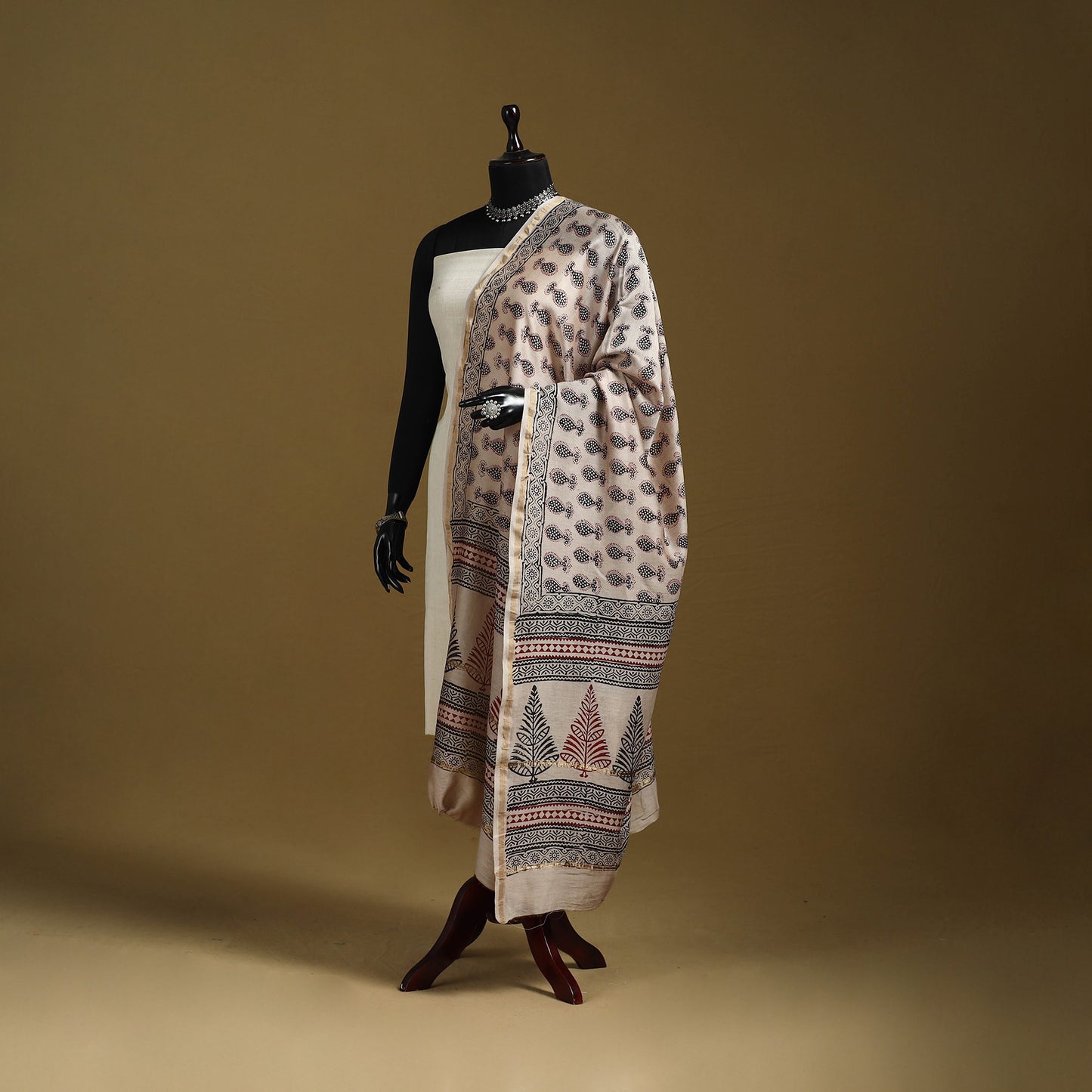 Beige - Natural Dyed Block Printed Chanderi Silk Bagh Dupatta 36