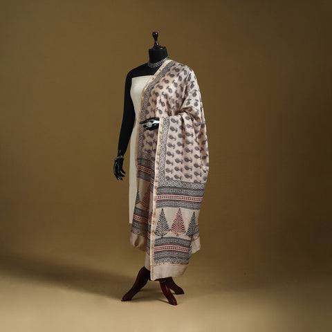 Beige - Natural Dyed Block Printed Chanderi Silk Bagh Dupatta 36