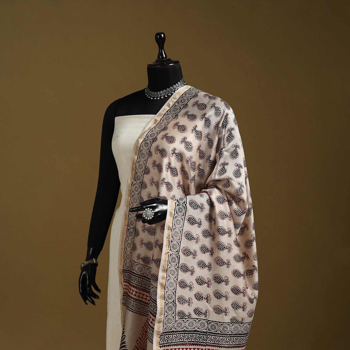 Beige - Natural Dyed Block Printed Chanderi Silk Bagh Dupatta 36