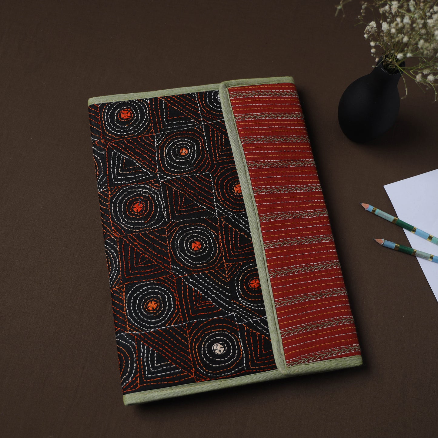 Black Handcrafted Bengal Kantha Work File Folder