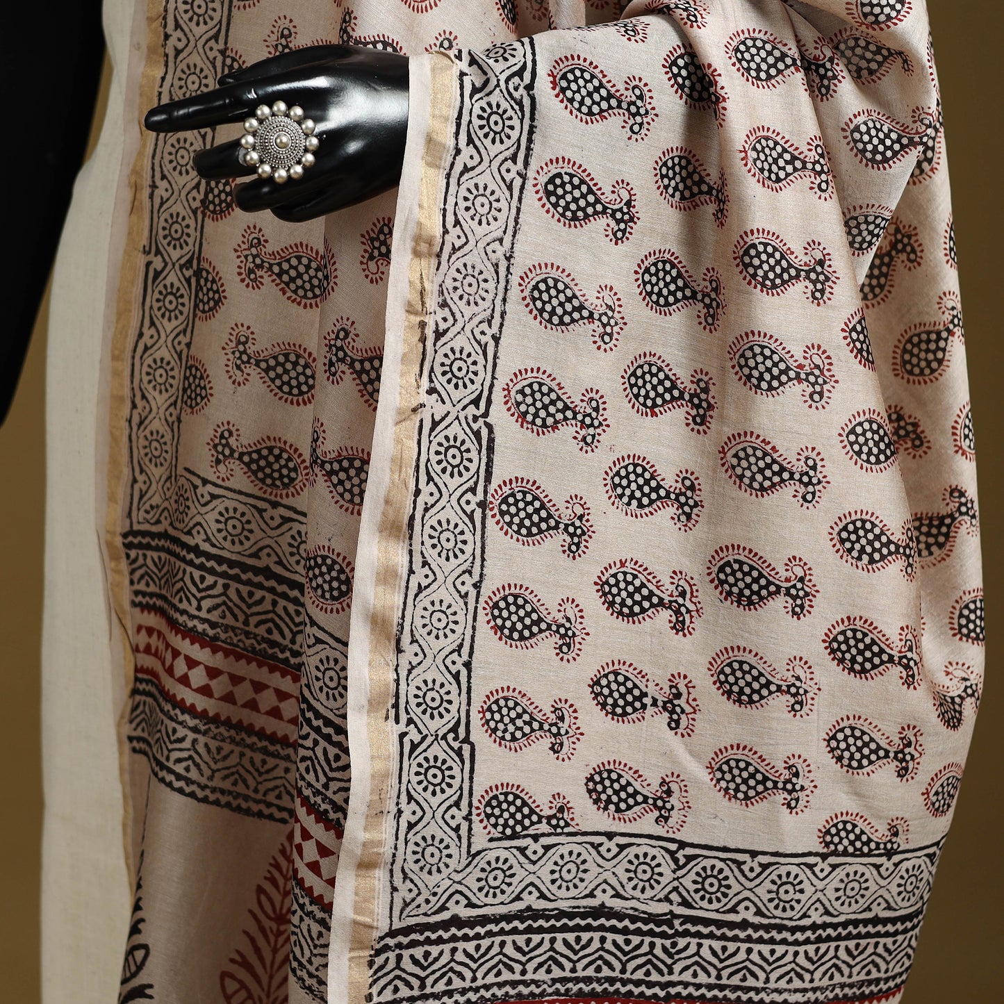 Beige - Natural Dyed Block Printed Chanderi Silk Bagh Dupatta 36