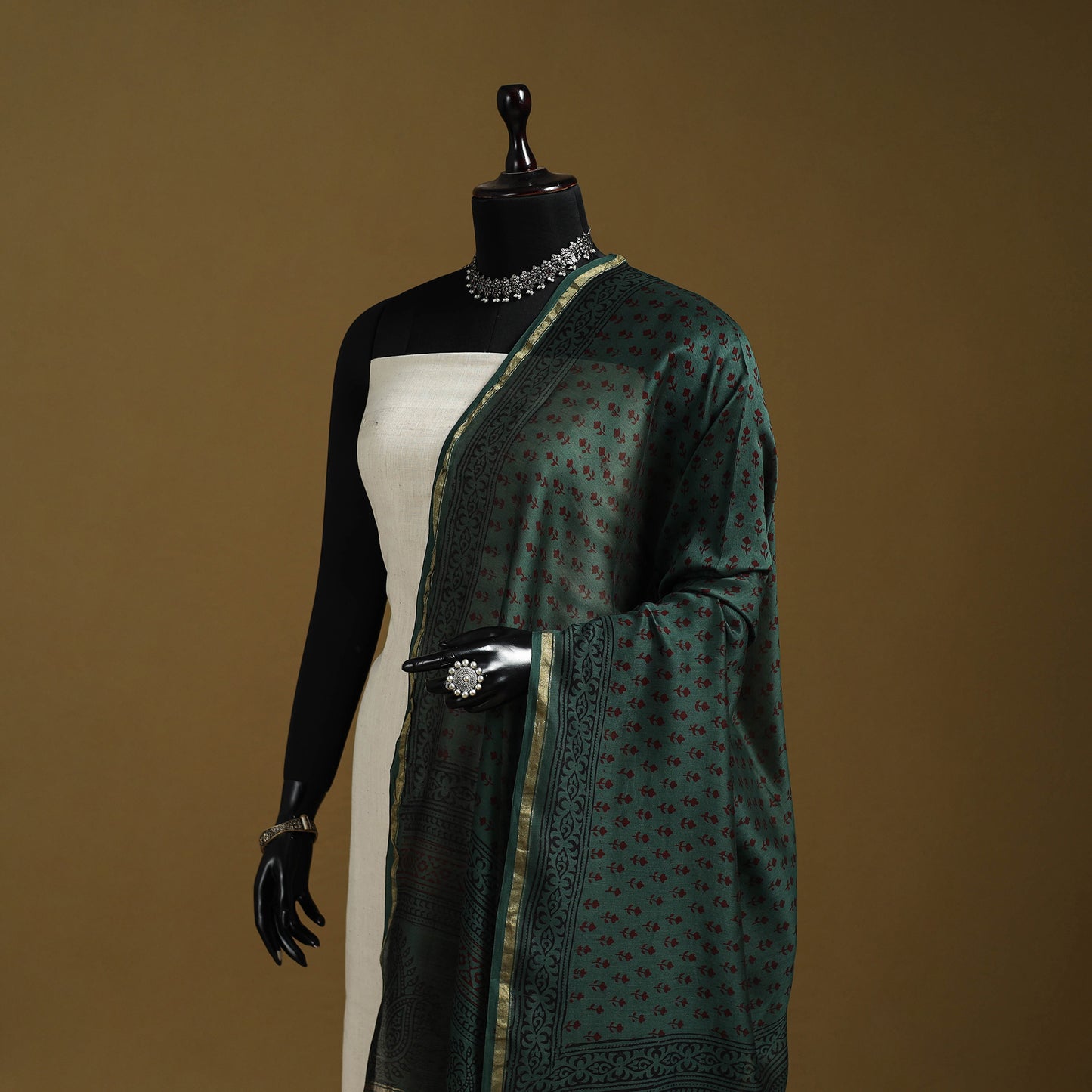 Green - Natural Dyed Block Printed Chanderi Silk Bagh Dupatta 38
