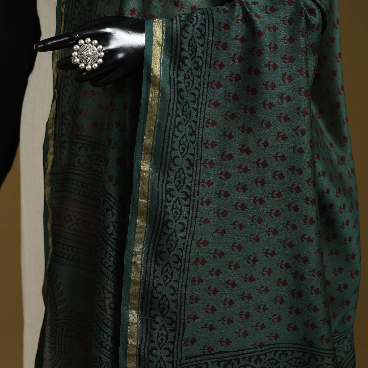 Green - Natural Dyed Block Printed Chanderi Silk Bagh Dupatta 38