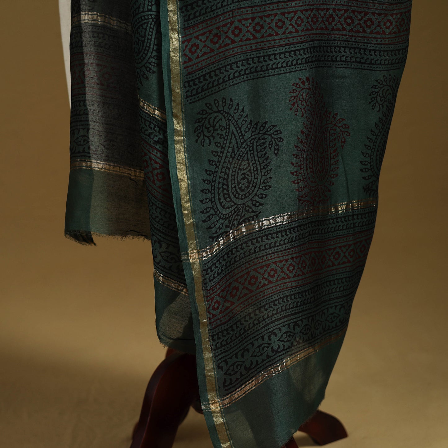 Green - Natural Dyed Block Printed Chanderi Silk Bagh Dupatta 38
