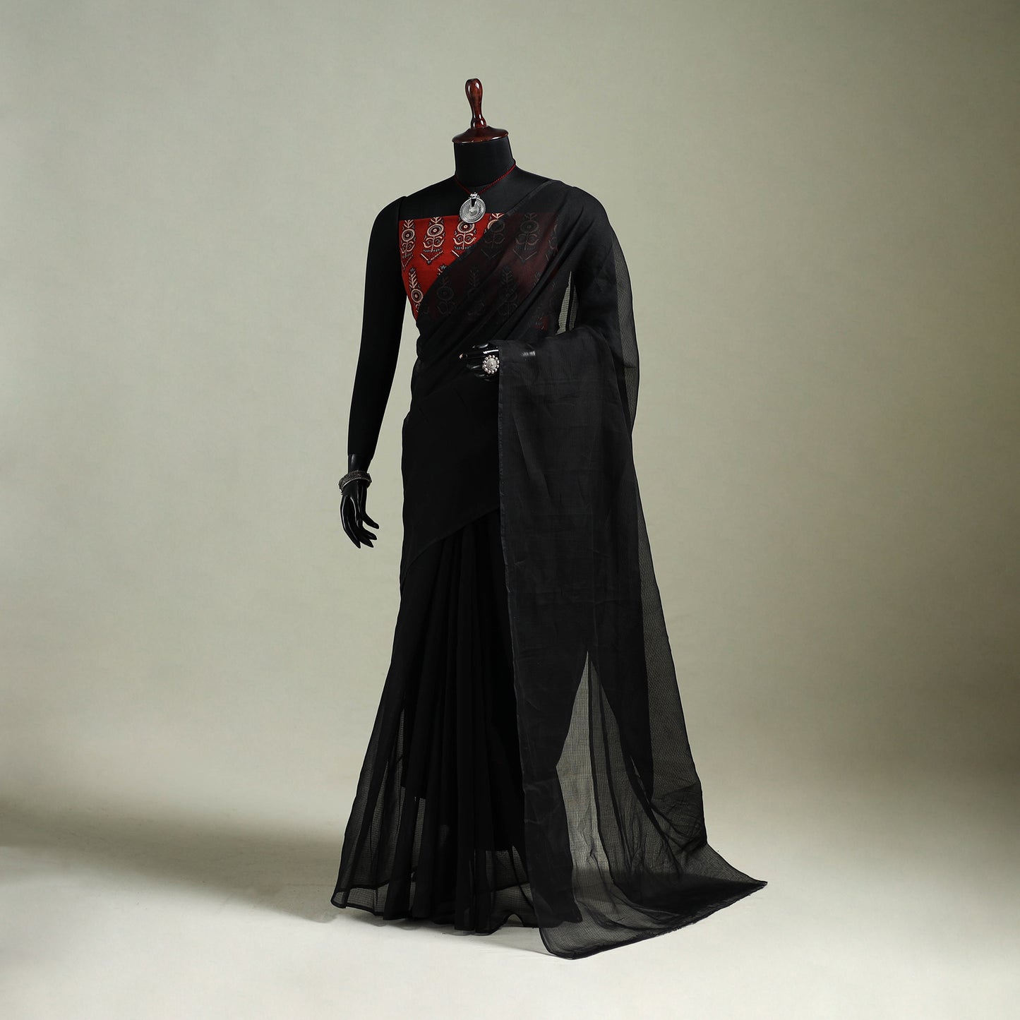 Black - Nazaakat Kota Doria Cotton Plain Saree with Blouse & Jewellery Set 16