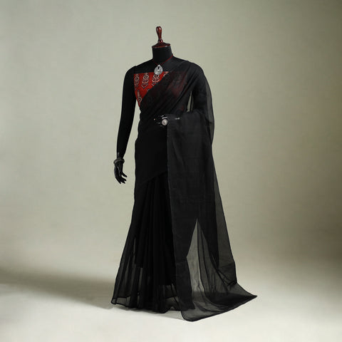 Black - Nazaakat Kota Doria Cotton Plain Saree with Blouse & Jewellery Set 16