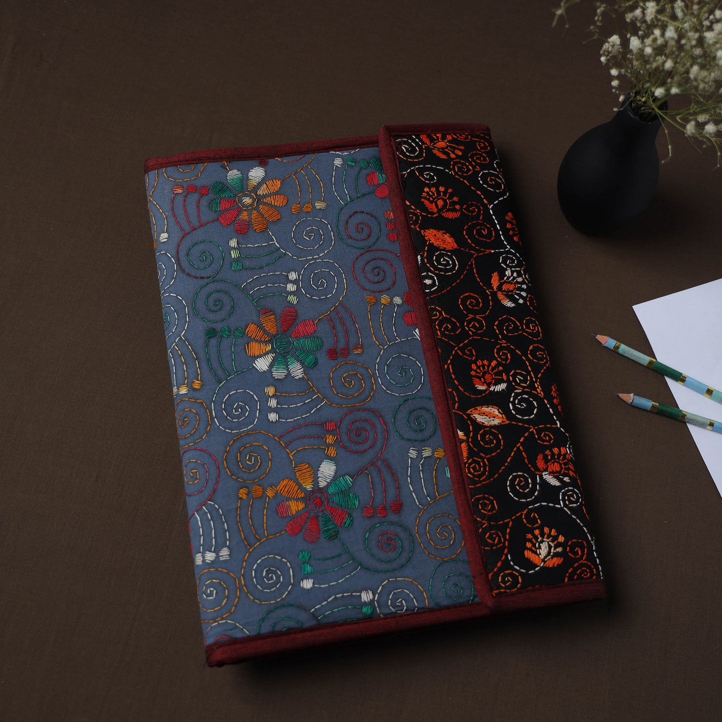 Blue Handcrafted Bengal Kantha Work File Folder