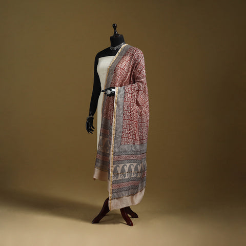 Red - Natural Dyed Block Printed Chanderi Silk Bagh Dupatta 41