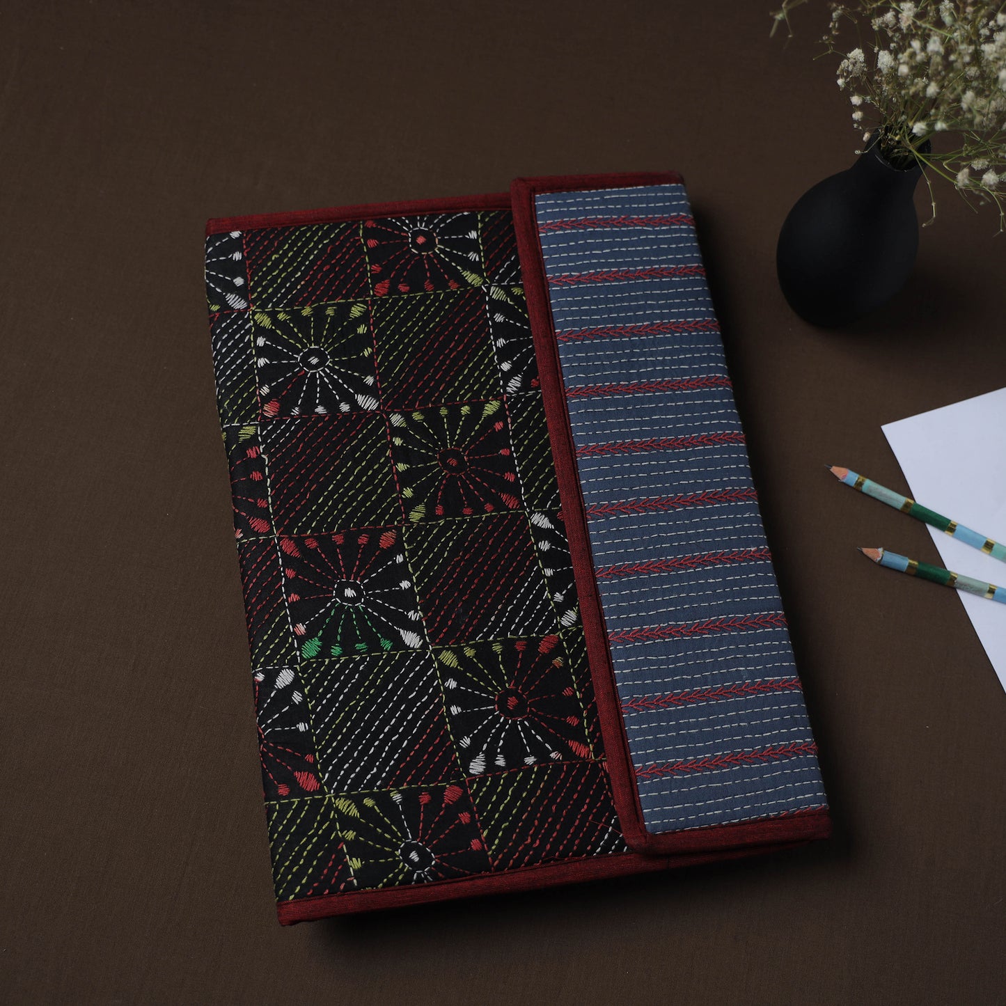 Black Handcrafted Bengal Kantha Work File Folder