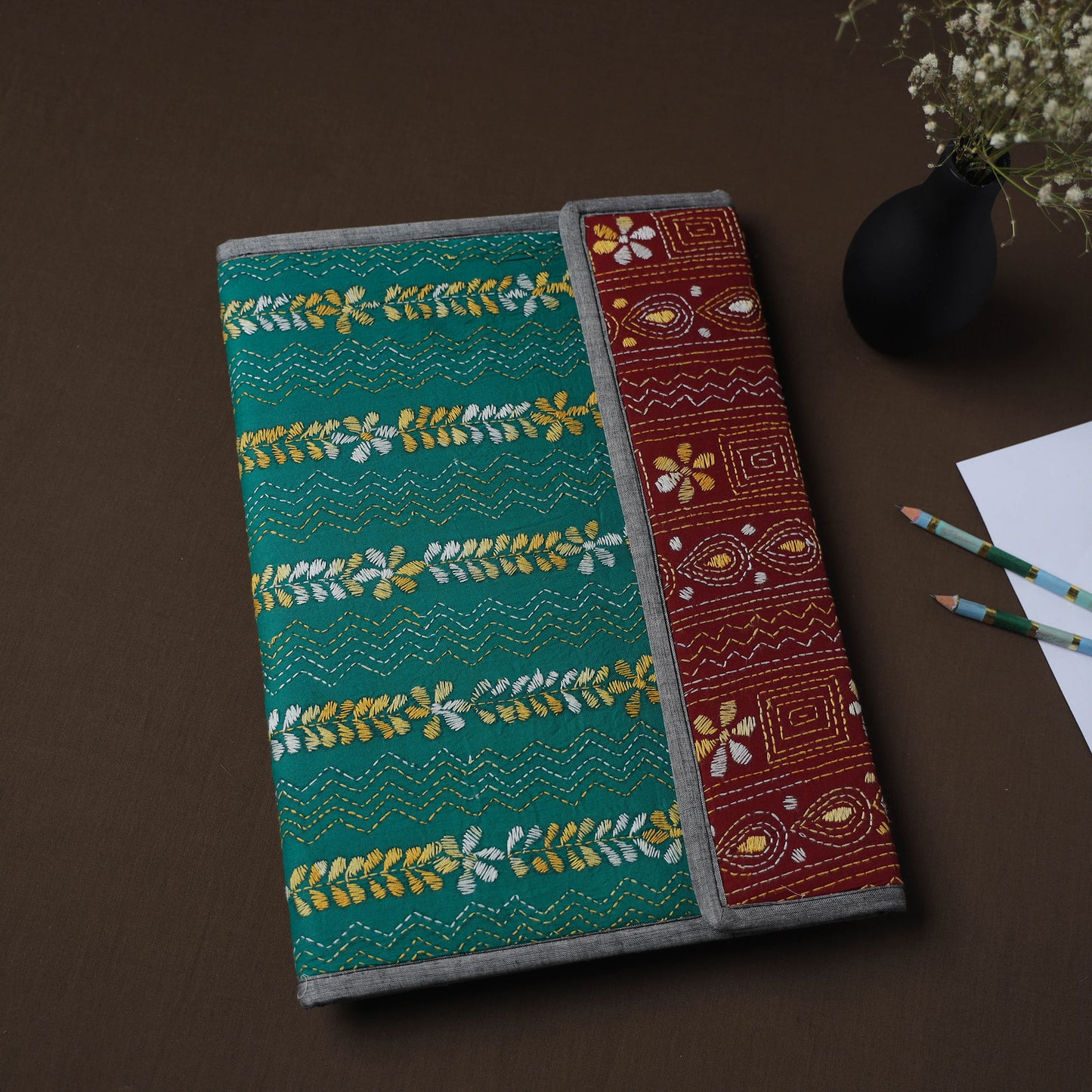 Green Handcrafted Bengal Kantha Work File Folder