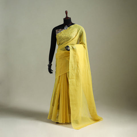 Yellow - Nazaakat Kota Doria Cotton Plain Saree with Blouse & Jewellery Set 17