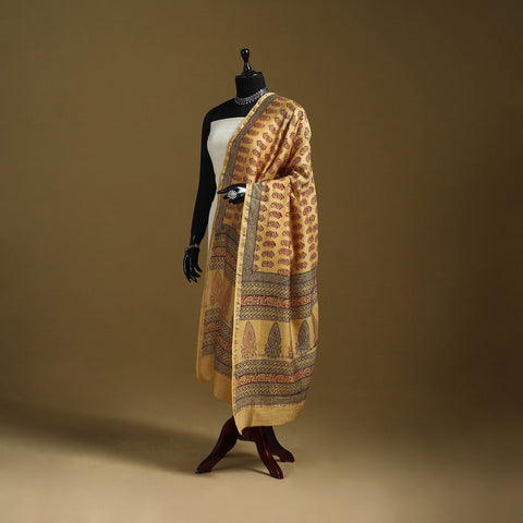 Yellow - Natural Dyed Block Printed Chanderi Silk Bagh Dupatta 42