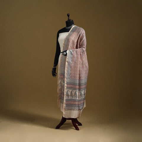 Red - Natural Dyed Block Printed Chanderi Silk Bagh Dupatta 43