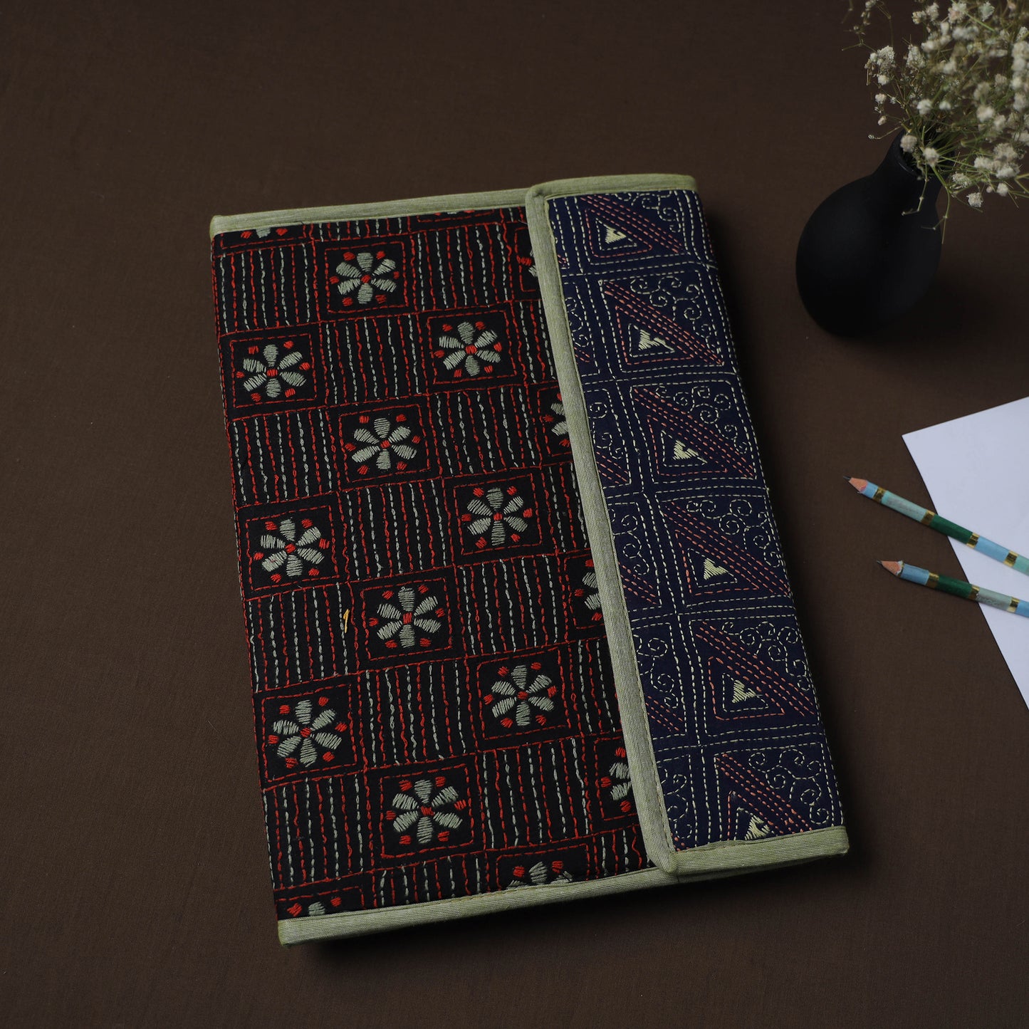 Black Handcrafted Bengal Kantha Work File Folder