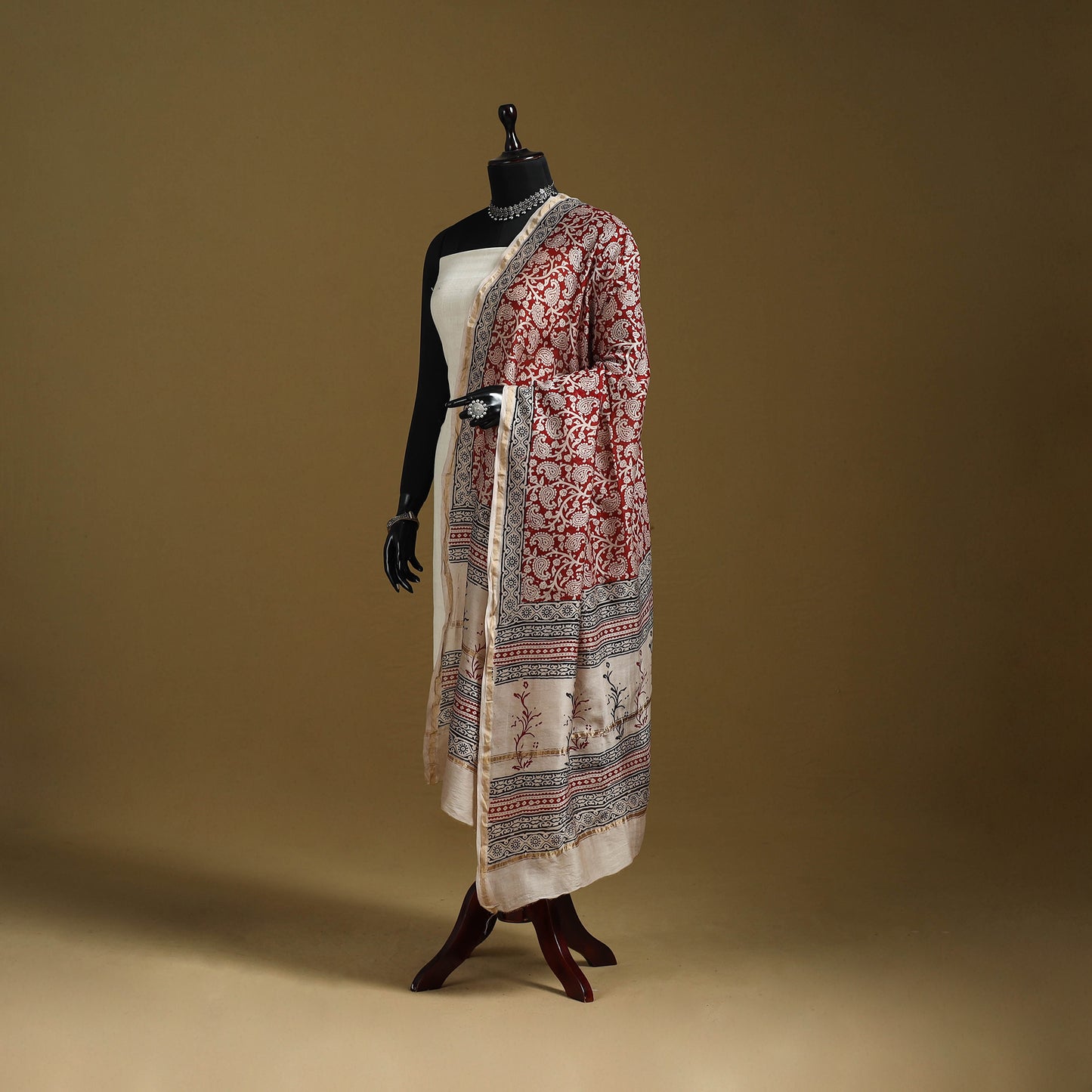 Red - Natural Dyed Block Printed Chanderi Silk Bagh Dupatta 44