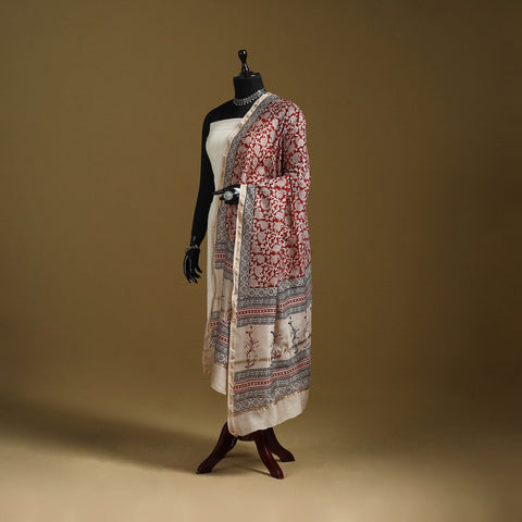 Red - Natural Dyed Block Printed Chanderi Silk Bagh Dupatta 44