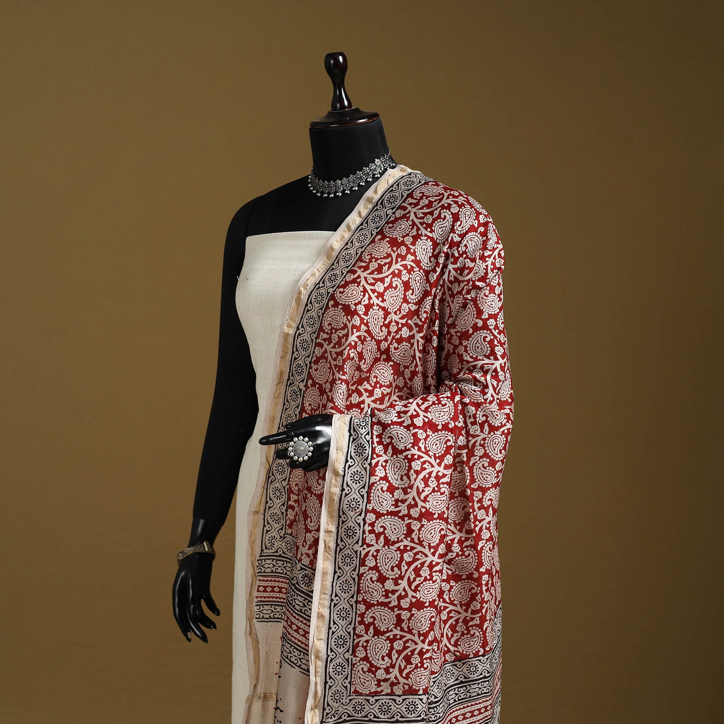 Red - Natural Dyed Block Printed Chanderi Silk Bagh Dupatta 44