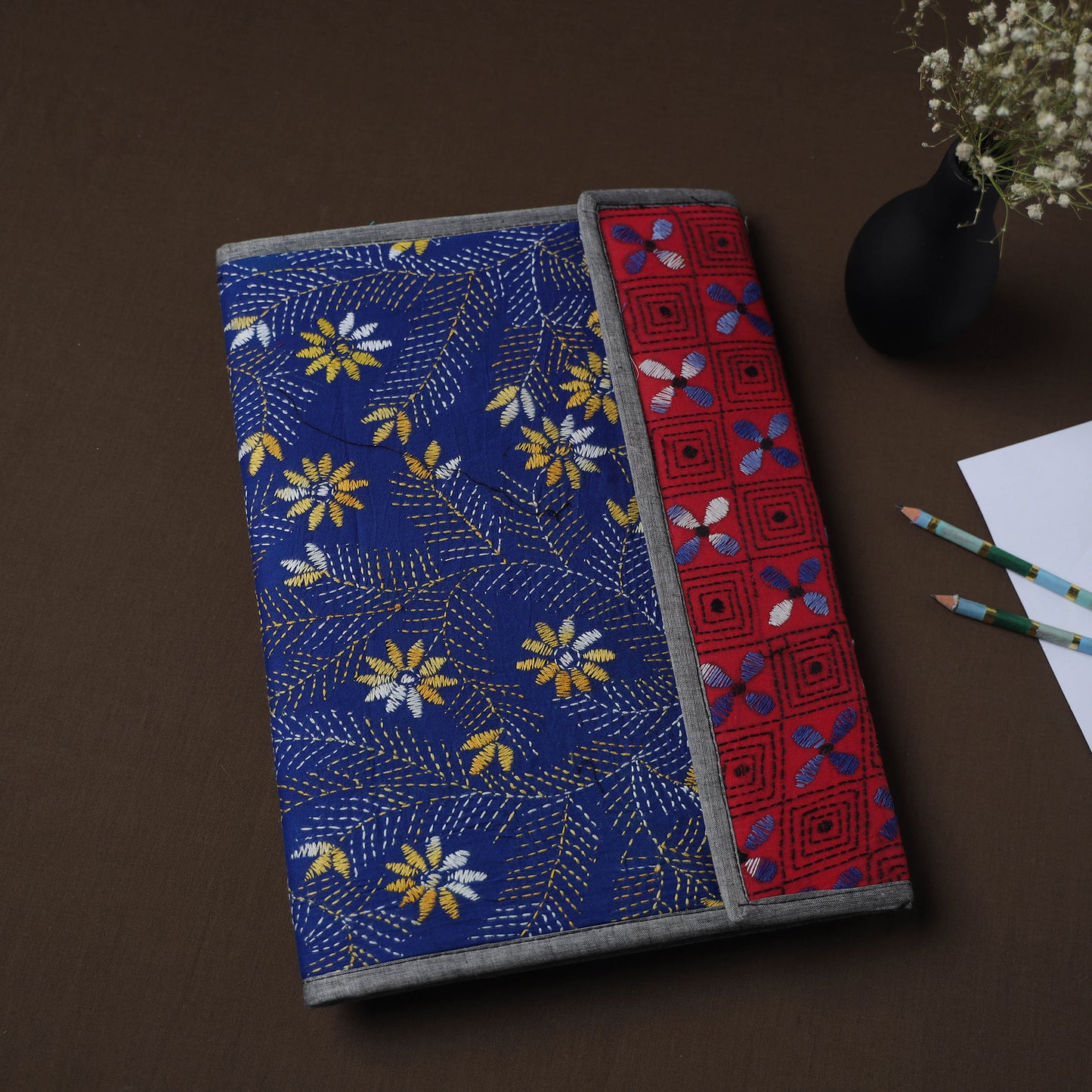 Blue Handcrafted Bengal Kantha Work File Folder