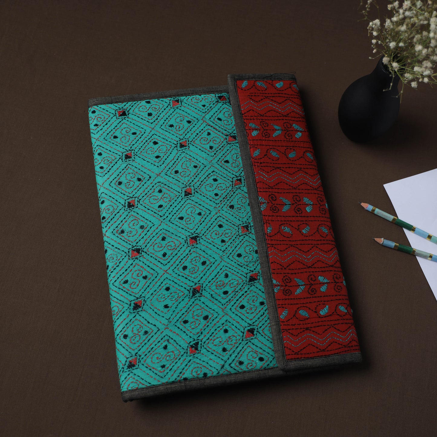 Green Handcrafted Bengal Kantha Work File Folder