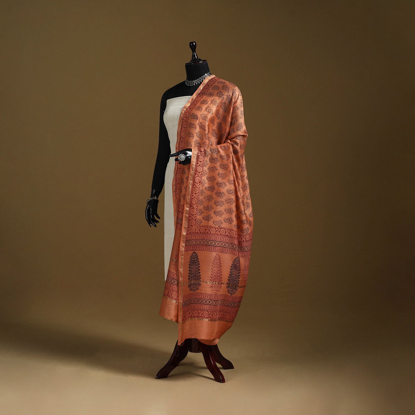 Orange - Natural Dyed Block Printed Chanderi Silk Bagh Dupatta 45