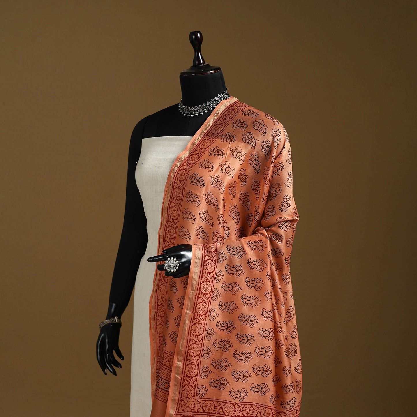 Orange - Natural Dyed Block Printed Chanderi Silk Bagh Dupatta 45