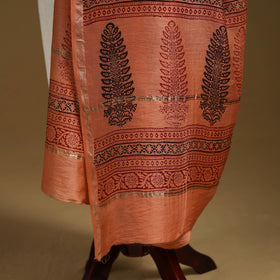 Orange - Natural Dyed Block Printed Chanderi Silk Bagh Dupatta 45