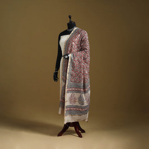 Red - Natural Dyed Block Printed Chanderi Silk Bagh Dupatta 46
