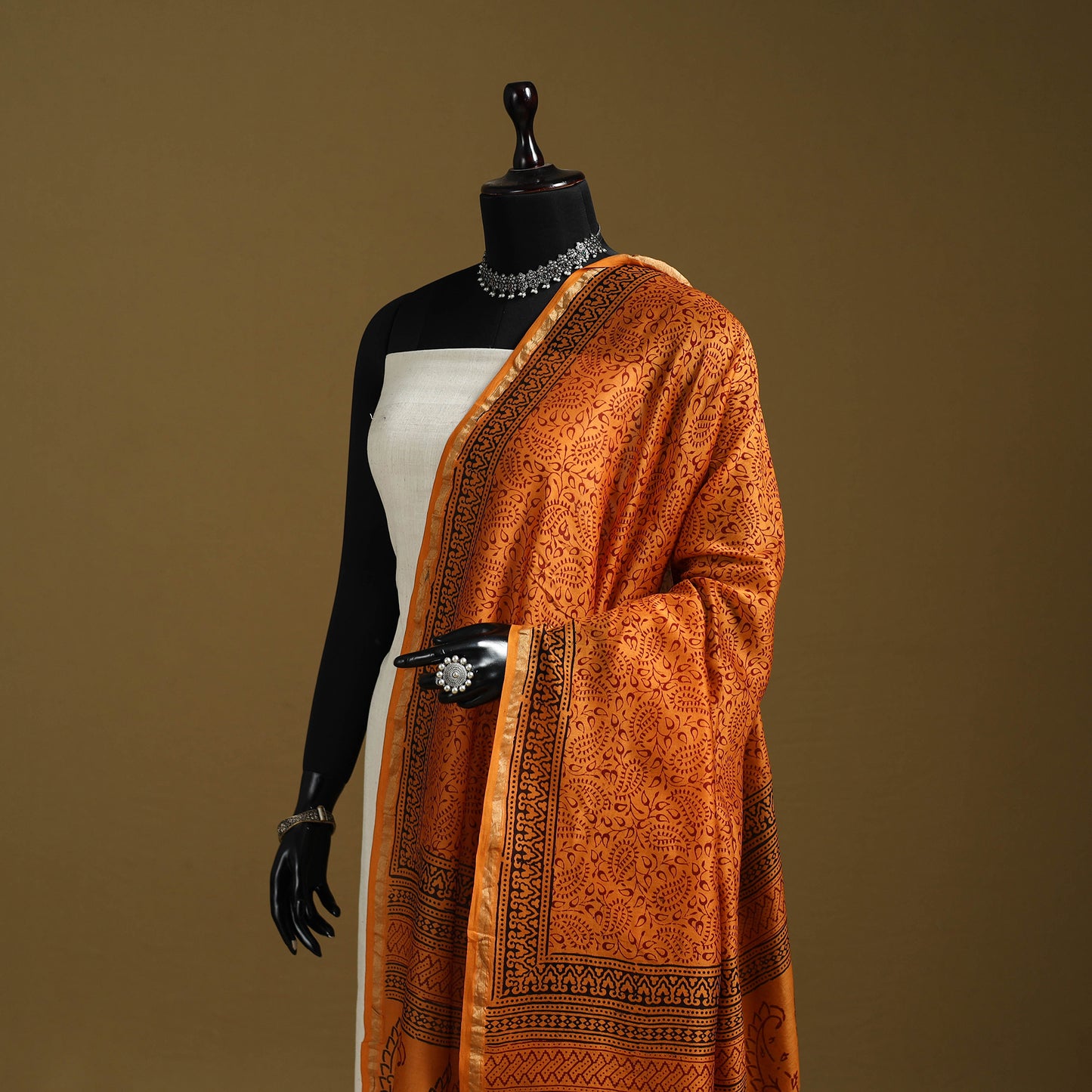 Orange - Natural Dyed Block Printed Chanderi Silk Bagh Dupatta 47
