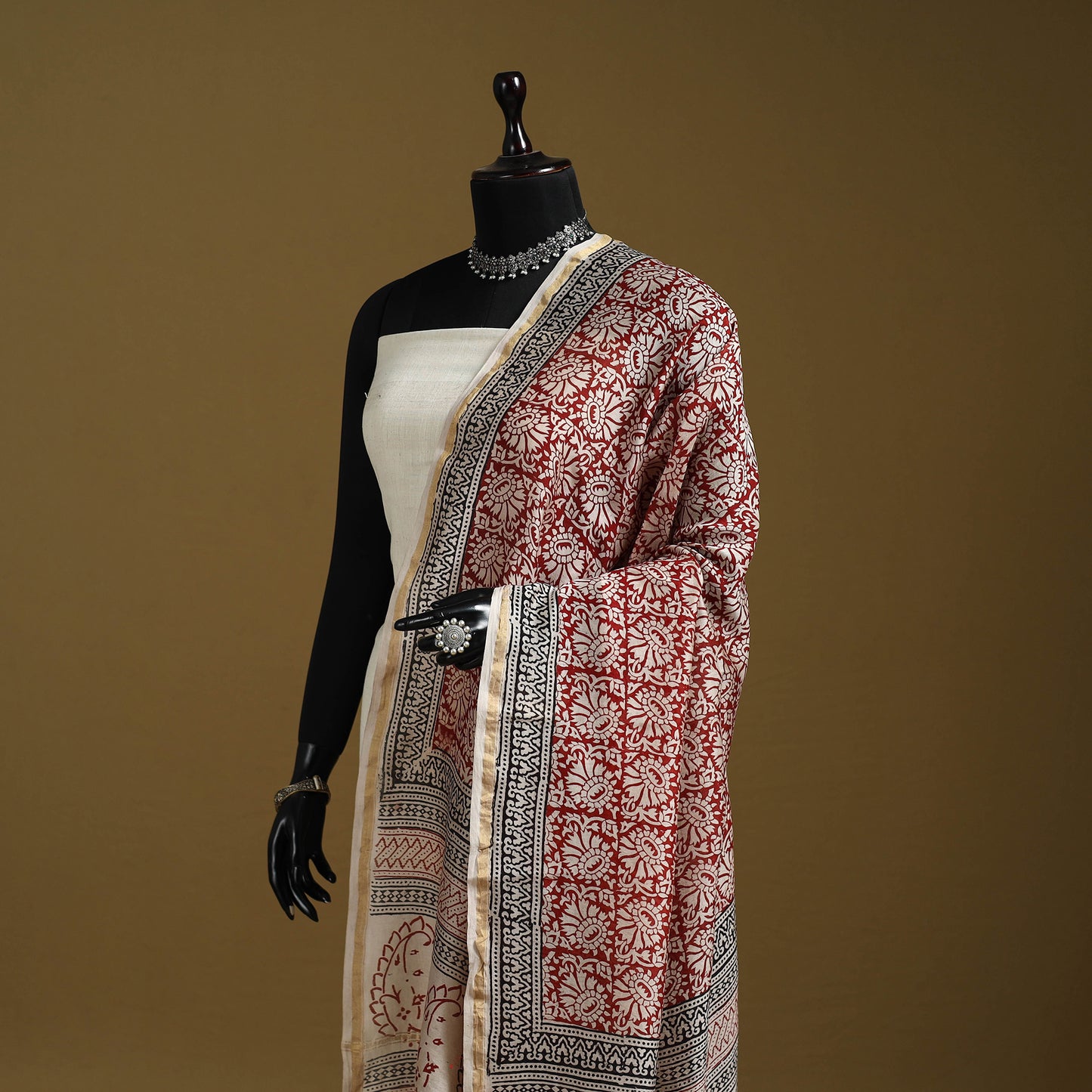 Red - Natural Dyed Block Printed Chanderi Silk Bagh Dupatta 48