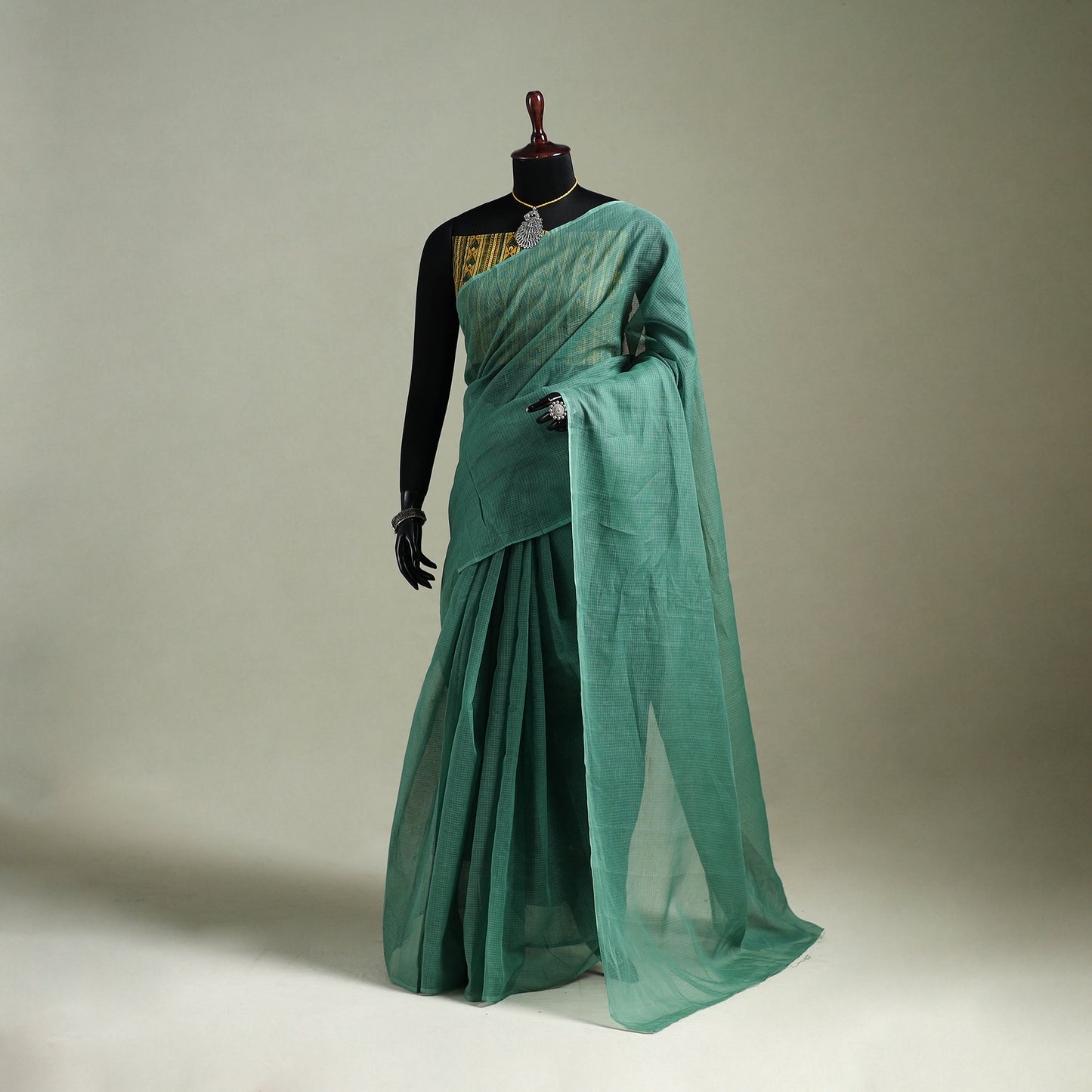Green - Nazaakat Kota Doria Cotton Plain Saree with Blouse & Jewellery Set 20