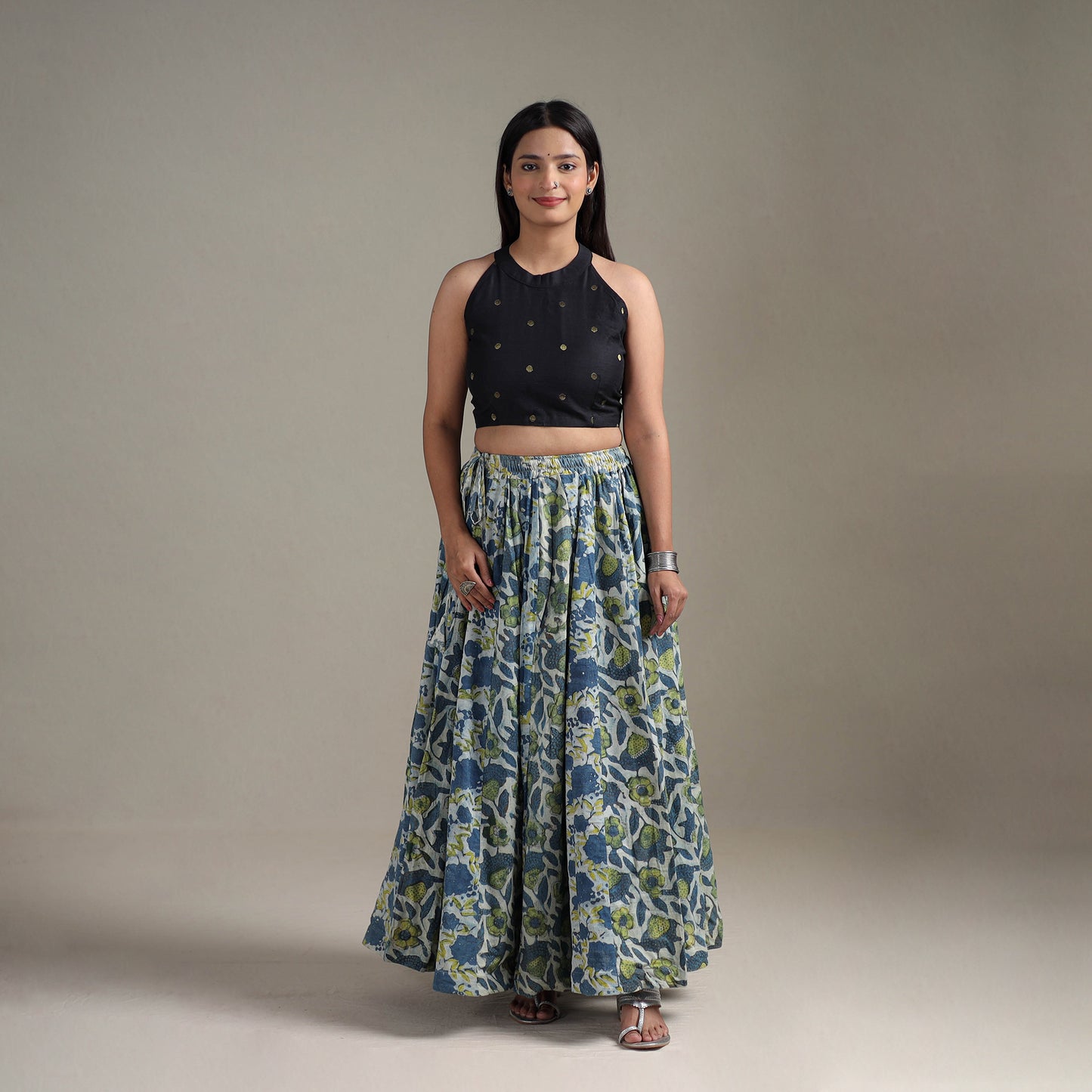Bagru Hand Block Print 24 Kali Patchwork Natural Dyed Cotton Long Skirt 01