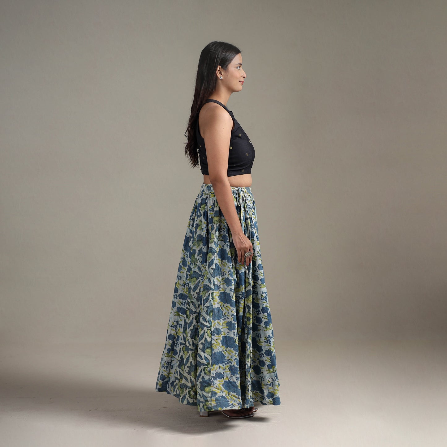 Bagru Hand Block Print 24 Kali Patchwork Natural Dyed Cotton Long Skirt 01
