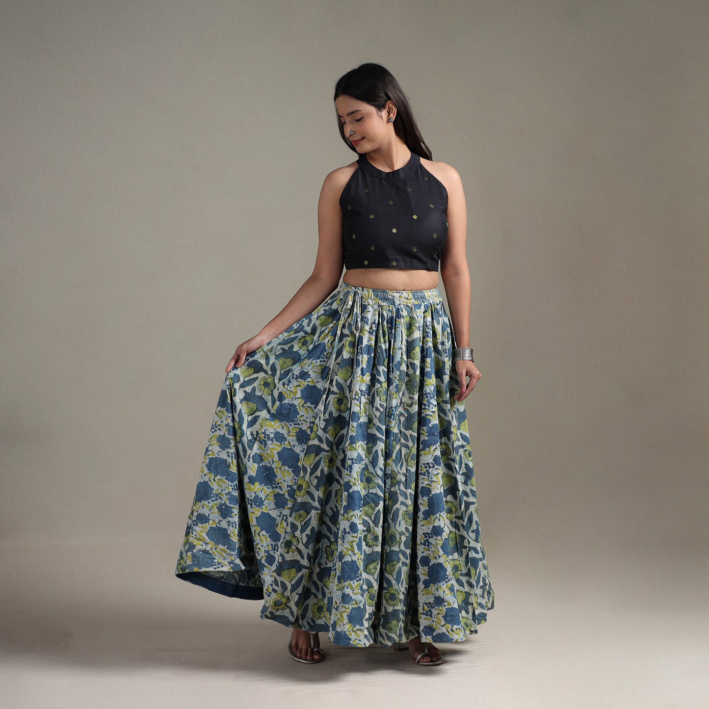 Bagru Hand Block Print 24 Kali Patchwork Natural Dyed Cotton Long Skirt 01