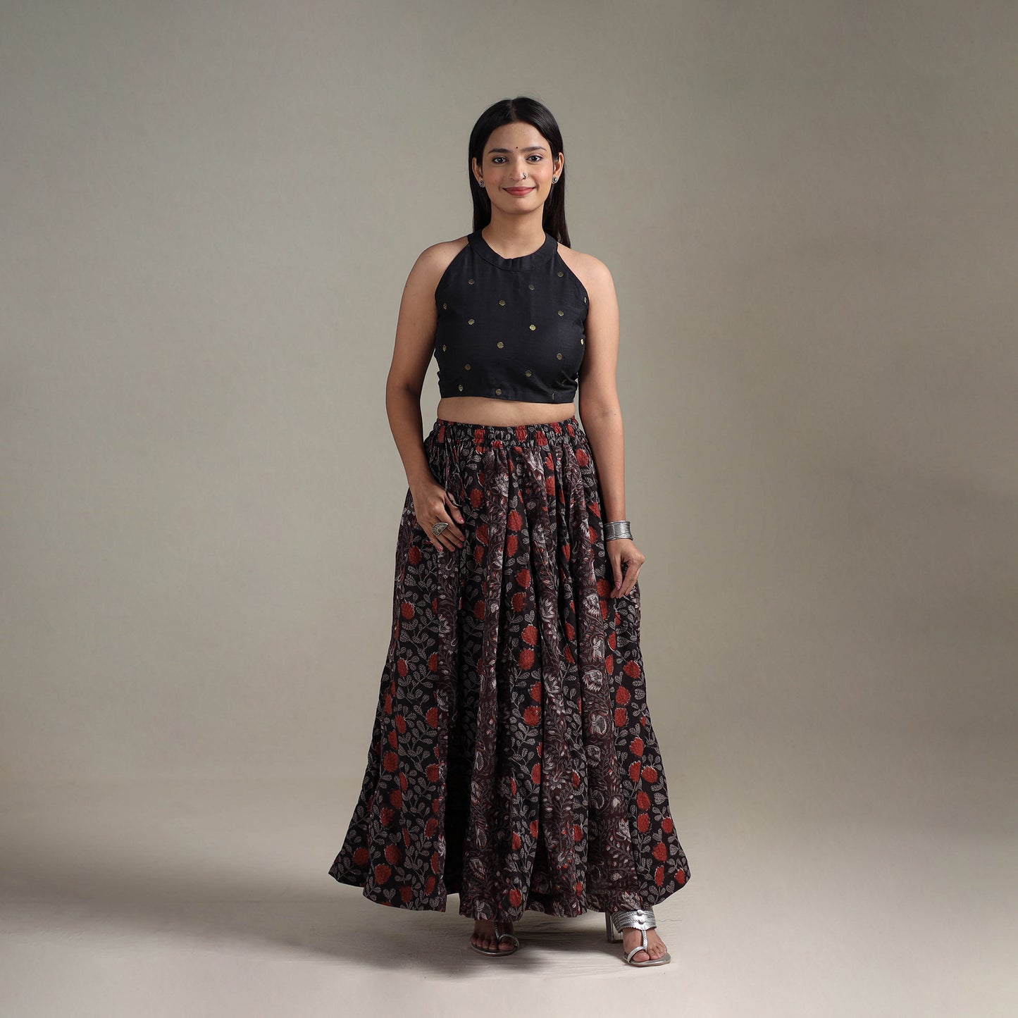 Bagru Hand Block Print 24 Kali Patchwork Natural Dyed Cotton Long Skirt 02