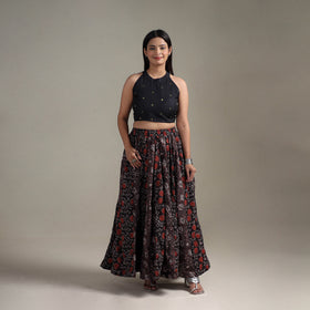 Bagru Hand Block Print 24 Kali Patchwork Natural Dyed Cotton Long Skirt 02
